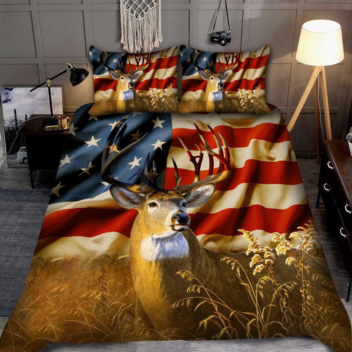 Deer Hunting Us Flag All Over Printed Bedding Set