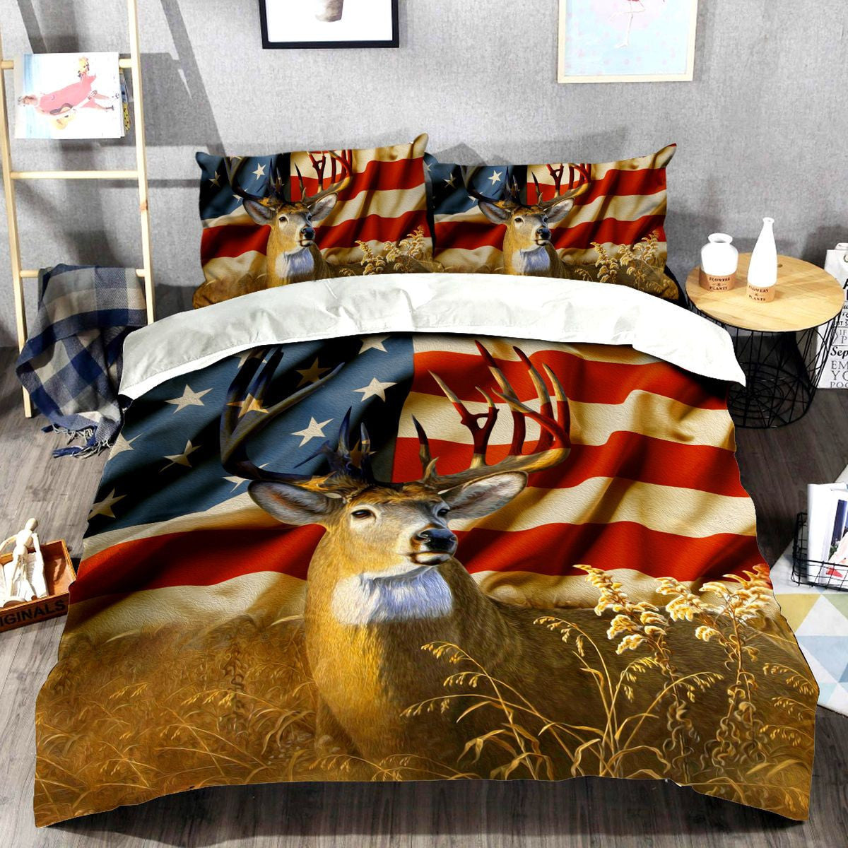Deer Hunting Us Flag All Over Printed Bedding Set
