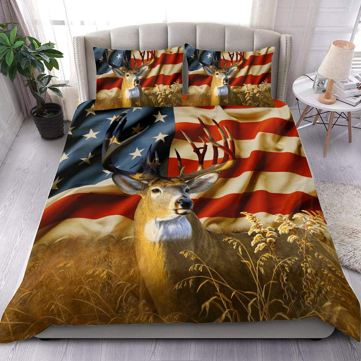 Deer Hunting Us Flag All Over Printed Bedding Set