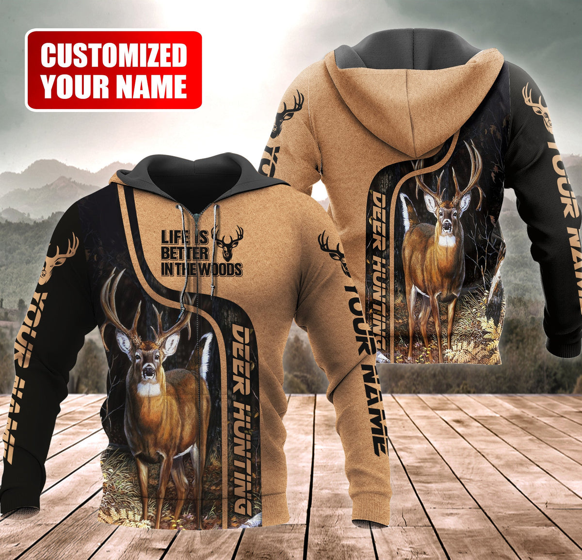 Personalized Name Deer Hunting Wood All Over Printed Unisex Shirt