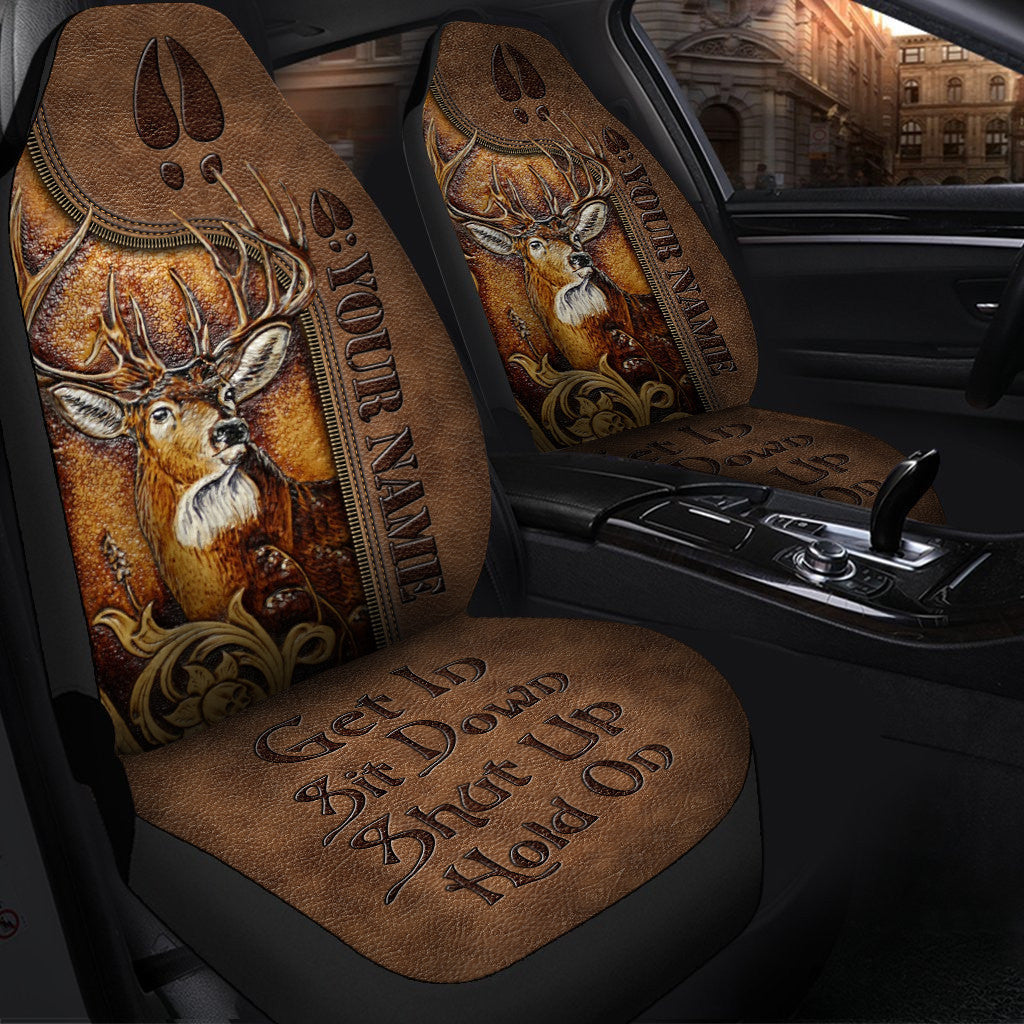 Personalized Name Deer Leather Hold on Funny Car Seat Covers Universal Fit Set 2