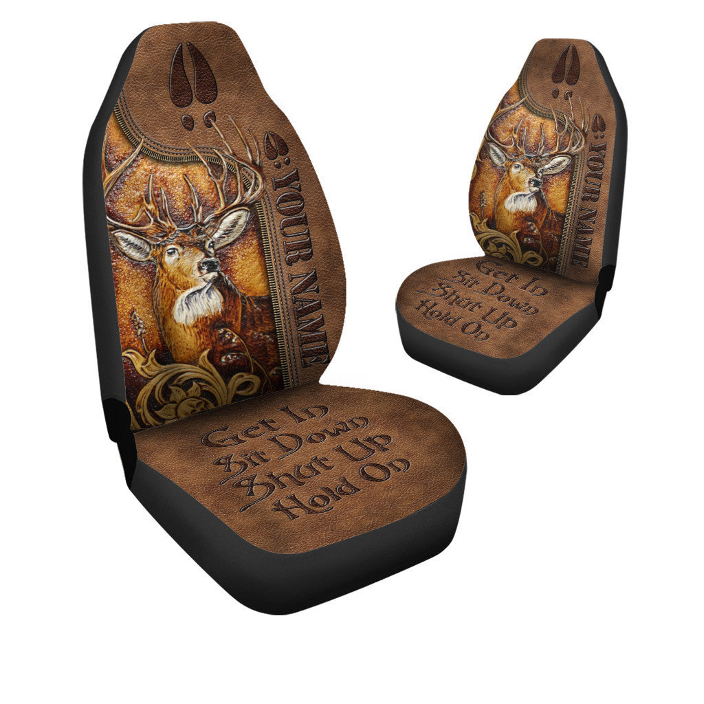 Personalized Name Deer Leather Hold on Funny Car Seat Covers Universal Fit Set 2