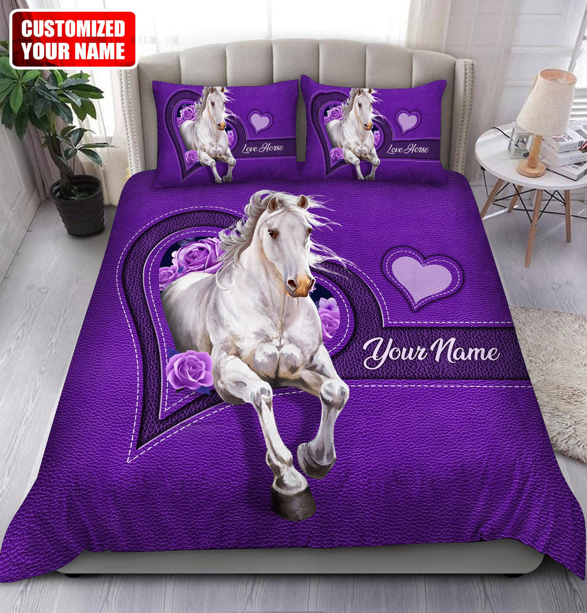 Personalized name Horse Purple Pattern All Over Printed Bedding Set