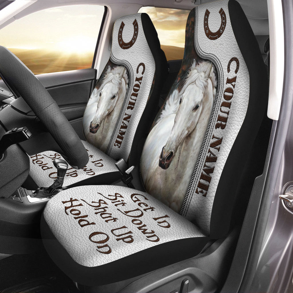 Personalized Name - Get in Sit down Shut up Hold on AK35 - Horse Car Seat Covers With Leather Pattern Print Universal Fit Set 2