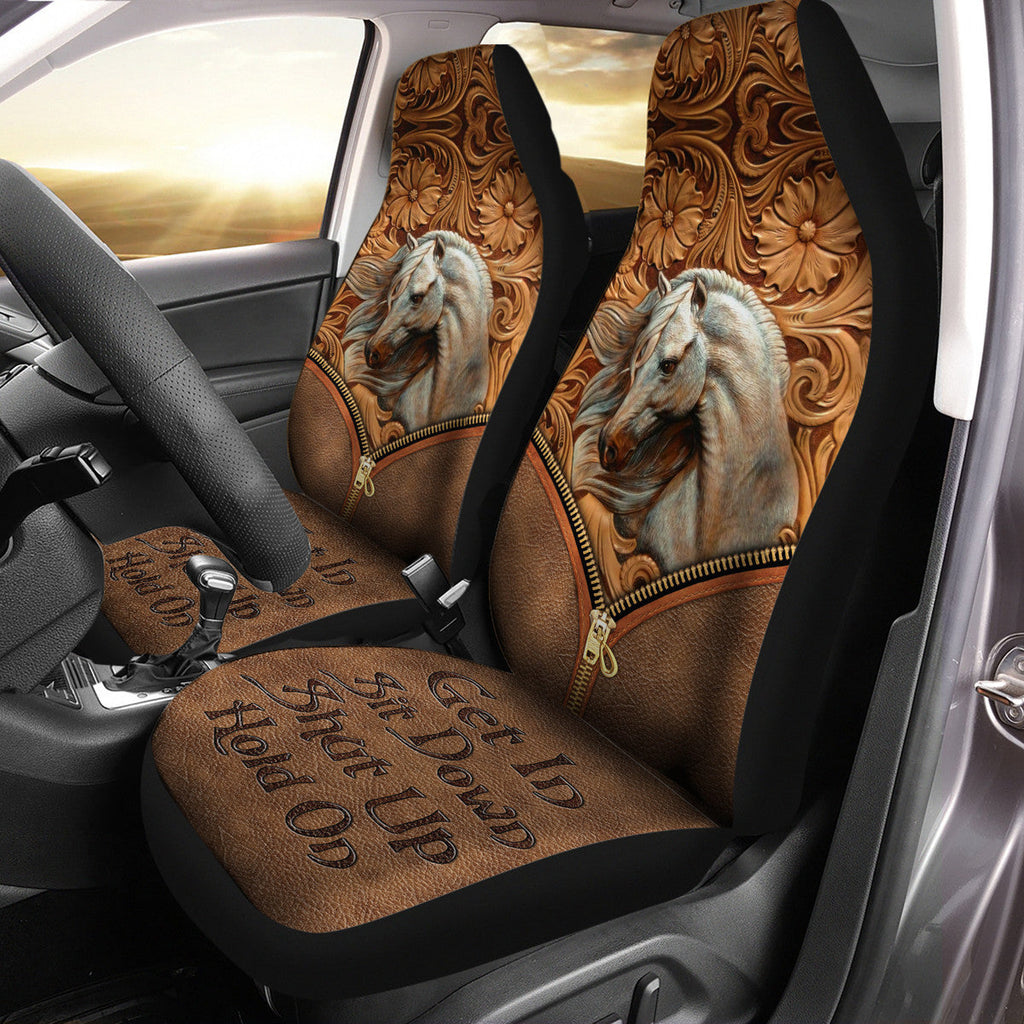 Get in Sit down Shut up Hold on AK53 - Horse Car Seat Covers With Leather Pattern Print Universal Fit Set 2
