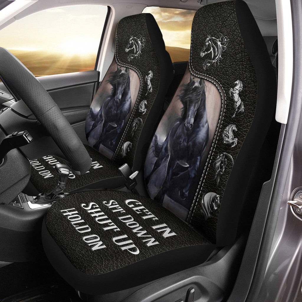 Black Horse Leather Pattern Q2 Hold on Car Seat Covers Universal Fit - Set 2
