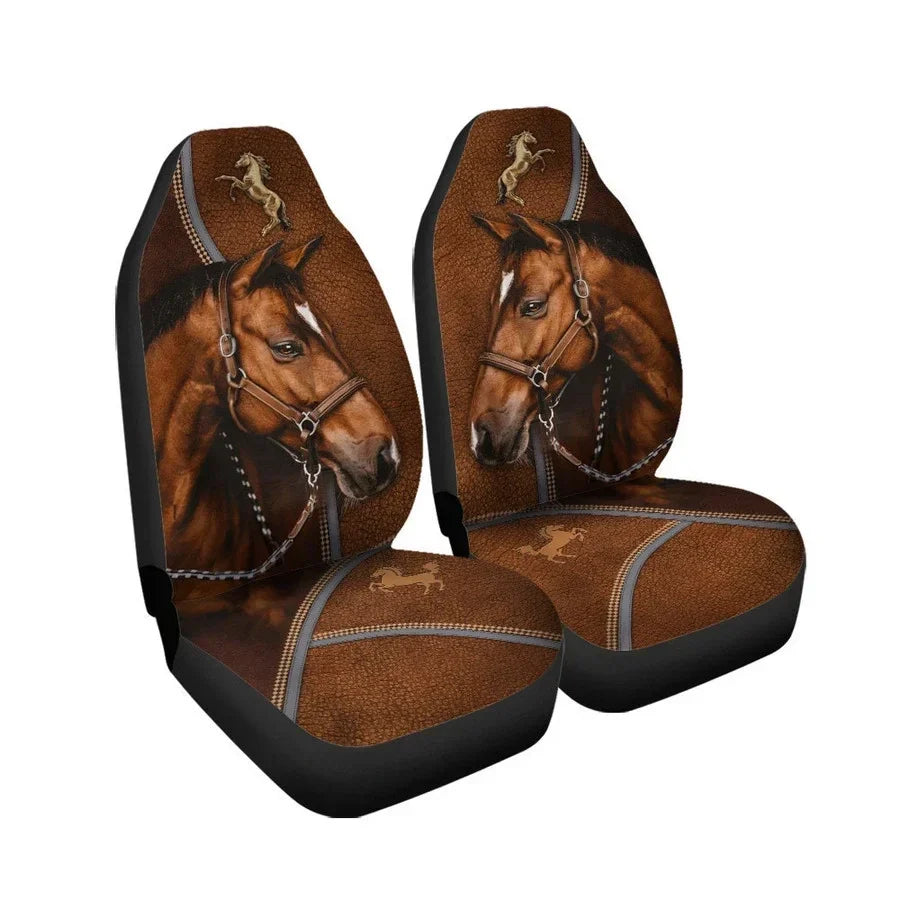 Horse AK65 Car Seat Covers With Leather Pattern Print Universal Fit Set 2