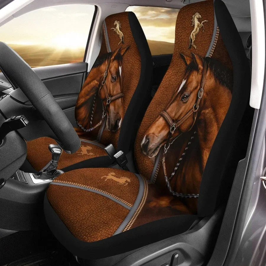 Horse AK65 Car Seat Covers With Leather Pattern Print Universal Fit Set 2