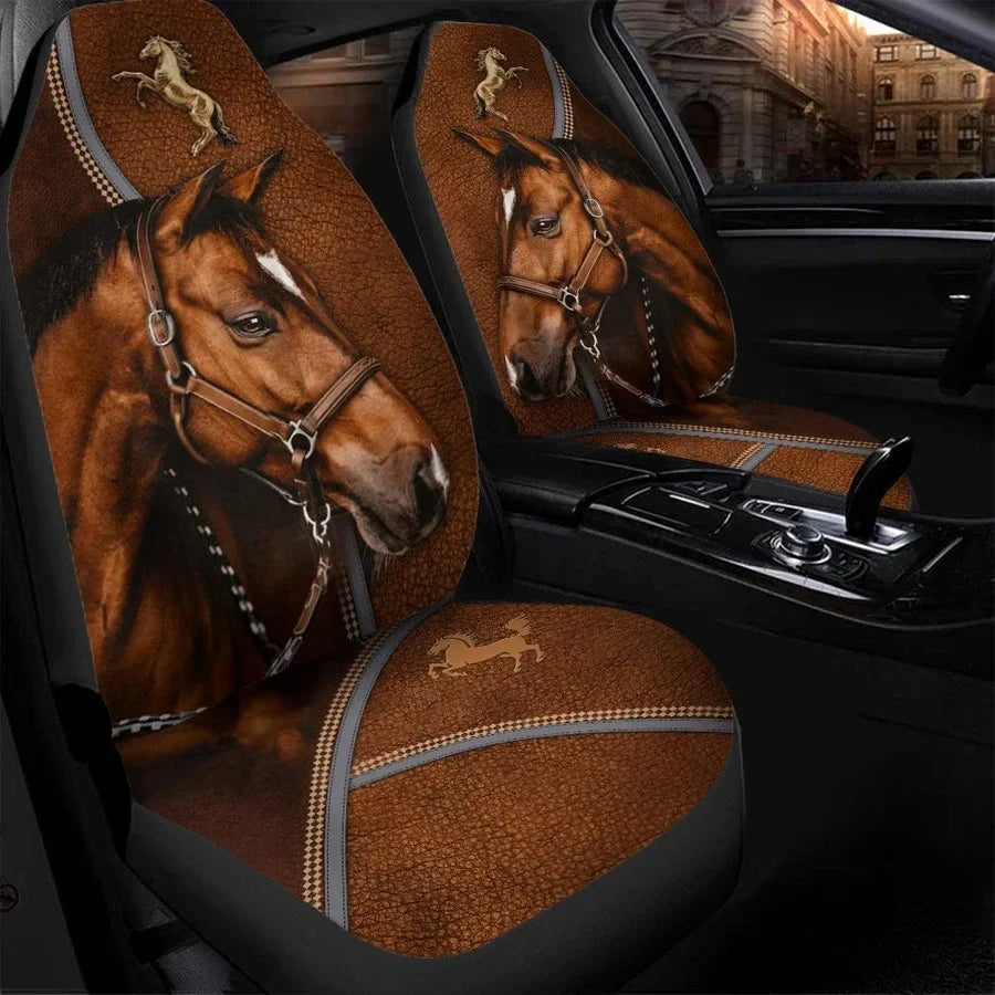 Horse AK65 Car Seat Covers With Leather Pattern Print Universal Fit Set 2