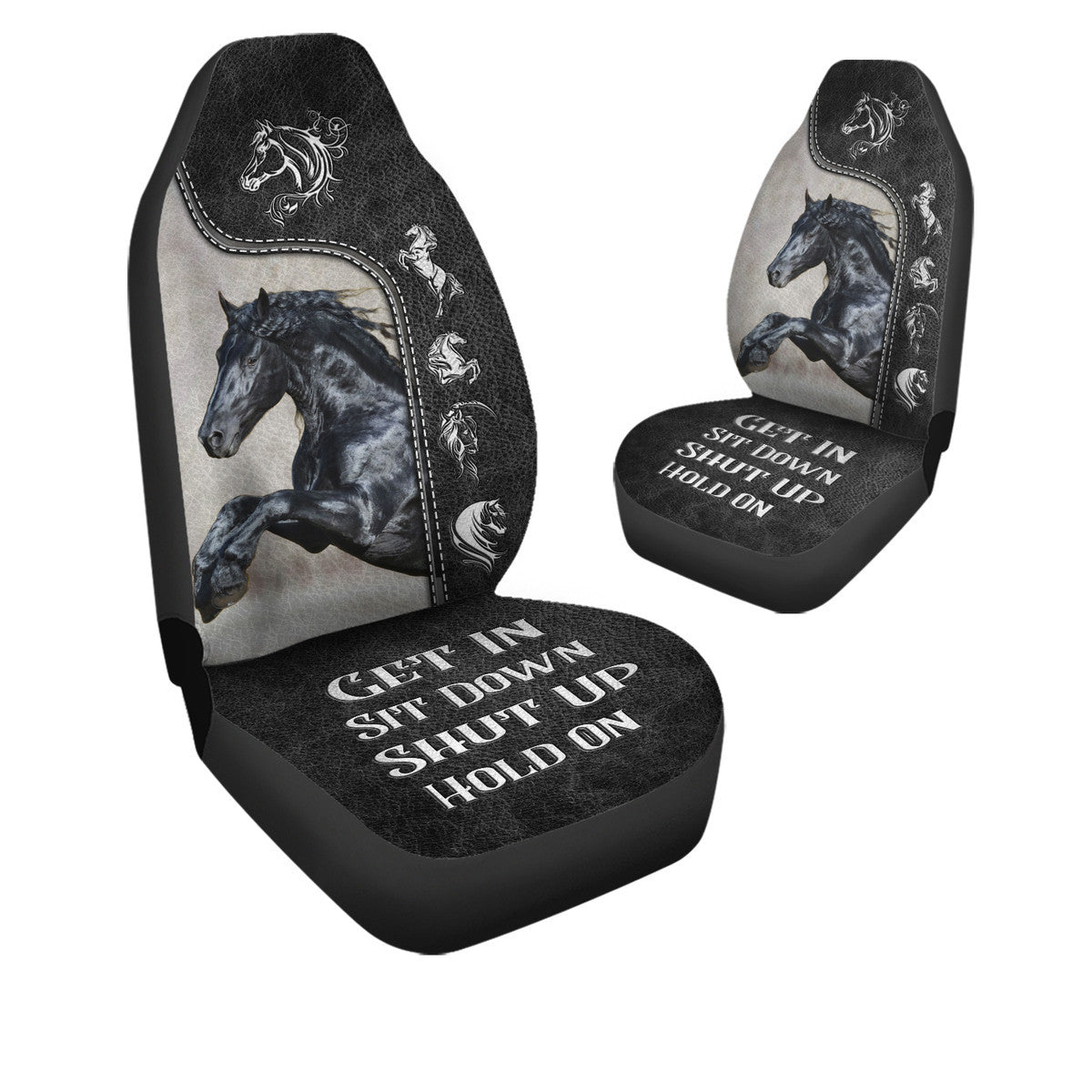 Personalized Name - Get in Sit down Shut up Hold on AK67 - Horse Car Seat Covers With Leather Pattern Print Universal Fit Set 2