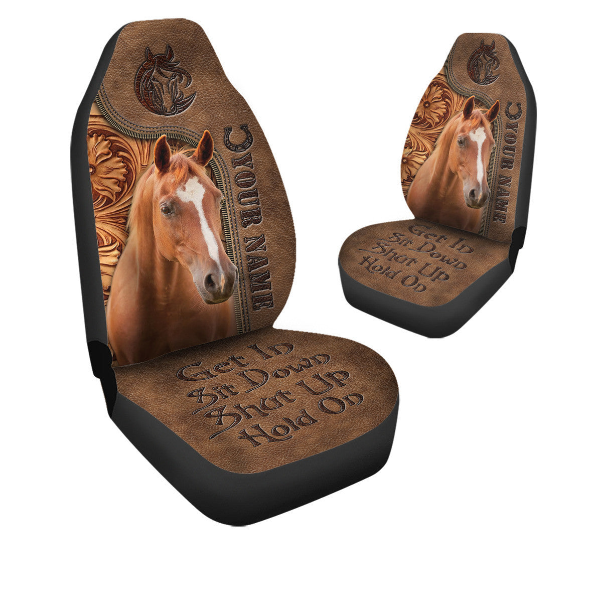 Personalized Name Horse Leather 3 Hold on Car Seat Covers Universal Fit - Set 2