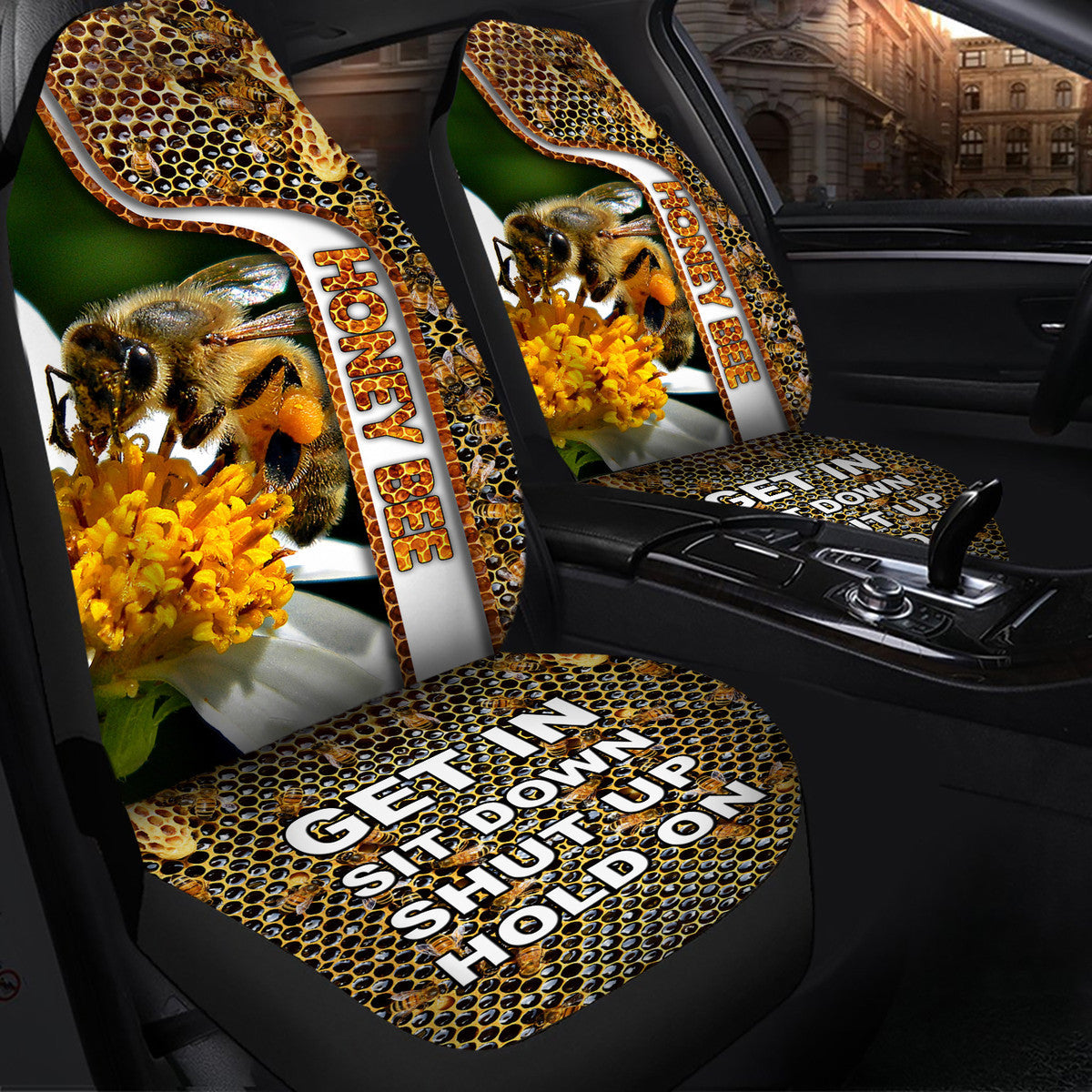 Honey Bee Hold on Funny Car Seat Covers Universal Fit Set 2 Q170504