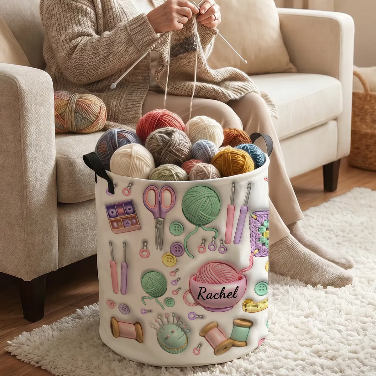 Crochet & Yarn Storage Basket with Handles, Large Capacity Laundry Basket