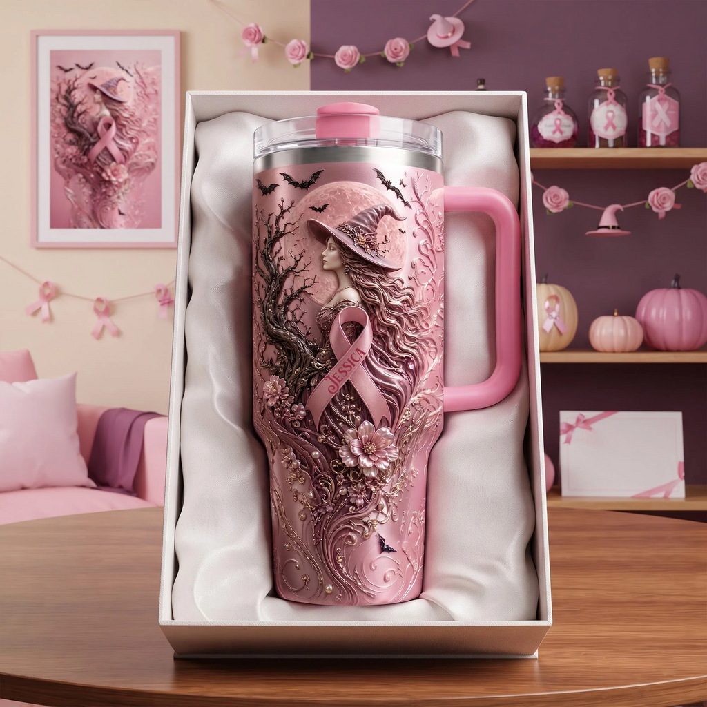 Pink Witches Ribbon Breast Cancer Awareness Tumbler - Personalized Tumbler