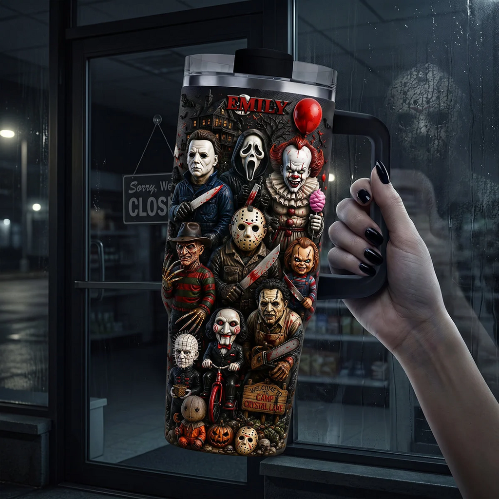 Horror Characters Are Watching You - Personalized Tumbler With Handle - Gift For Halloween