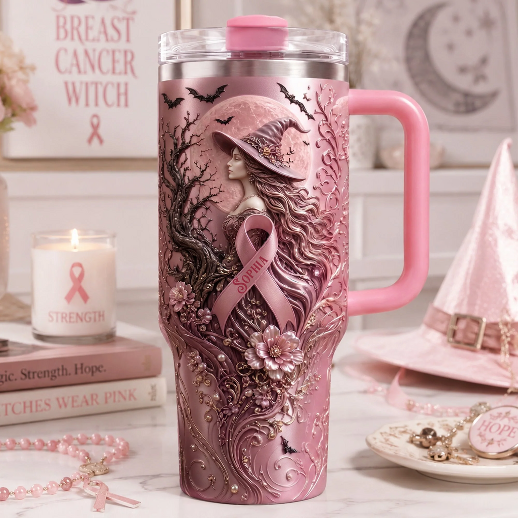 Pink Witches Ribbon Breast Cancer Awareness Tumbler - Personalized Tumbler