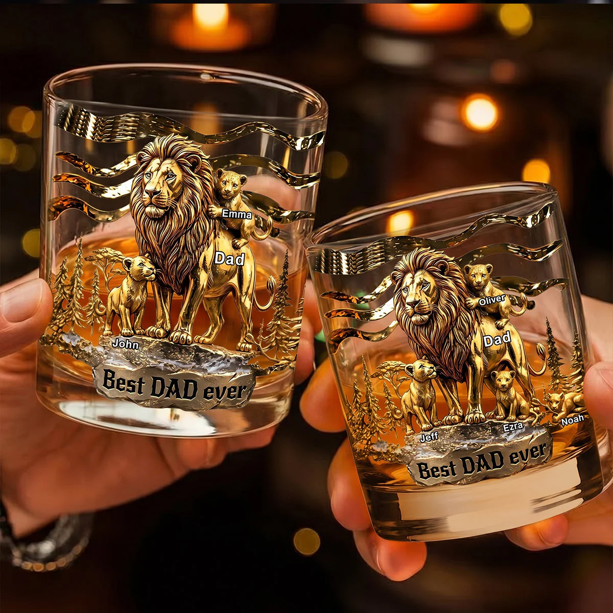Lion Dad And Kids - Personalized Best Dad Ever Whisky Glass