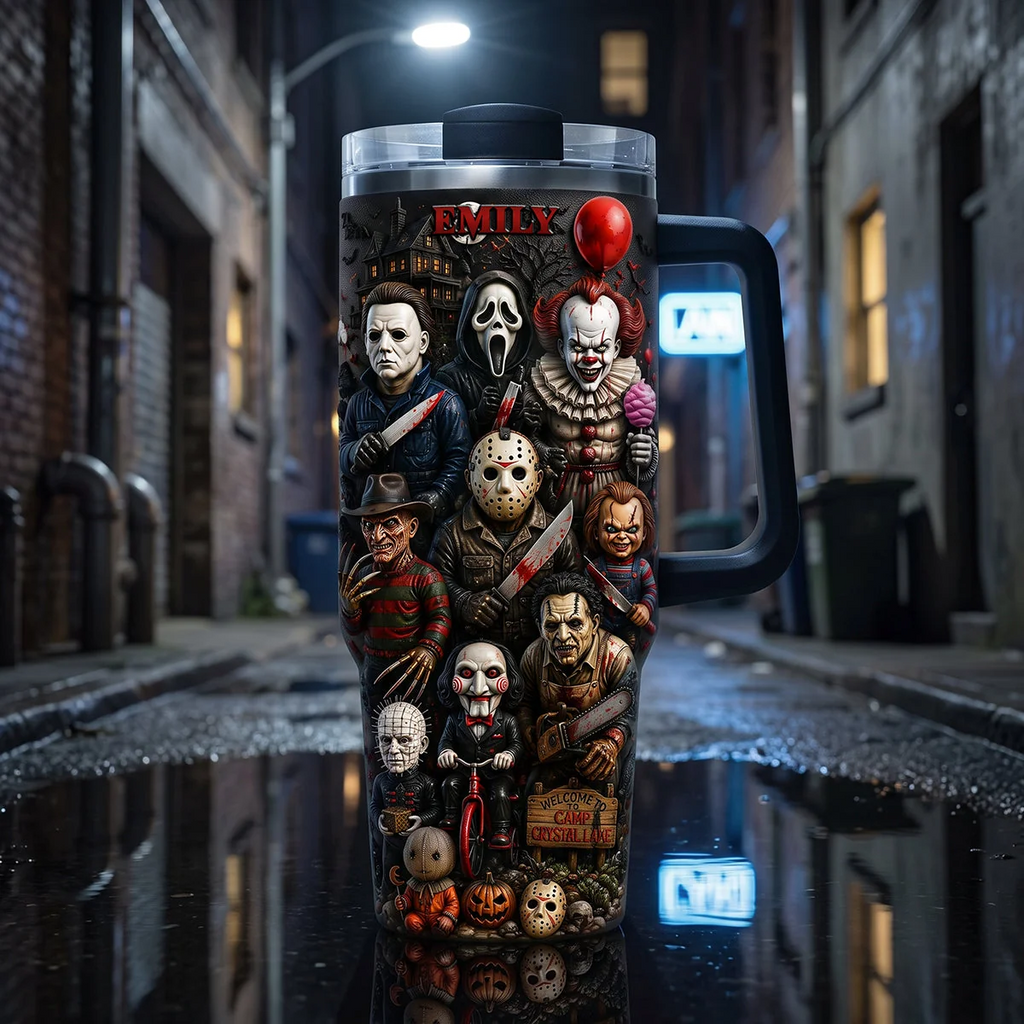 Horror Characters Are Watching You - Personalized Tumbler With Handle - Gift For Halloween