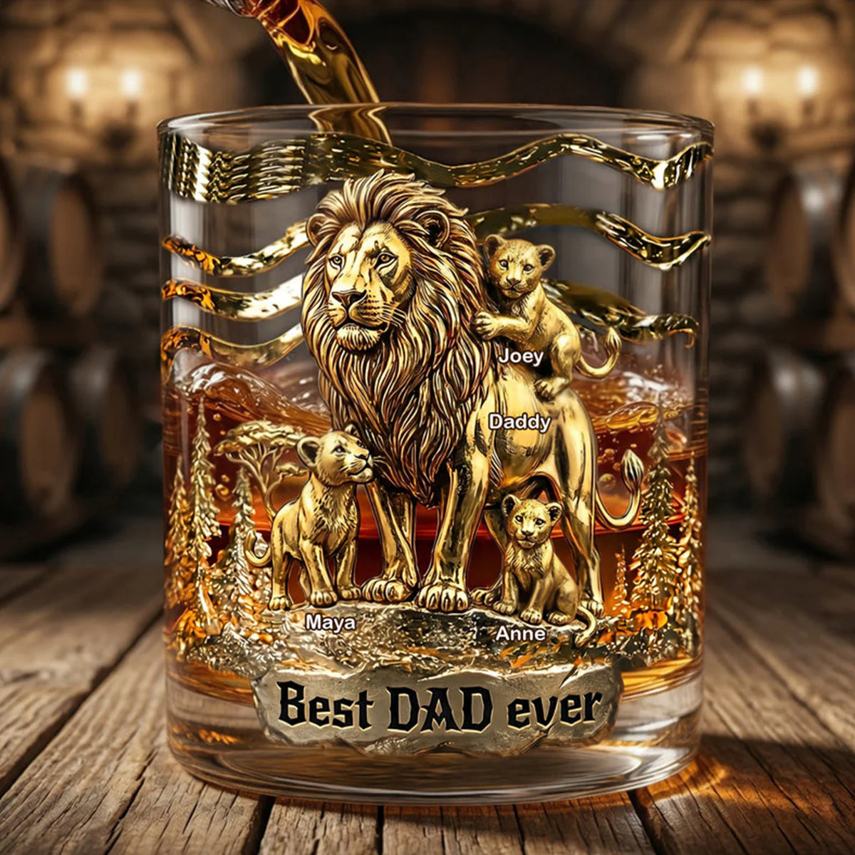 Lion Dad And Kids - Personalized Best Dad Ever Whisky Glass