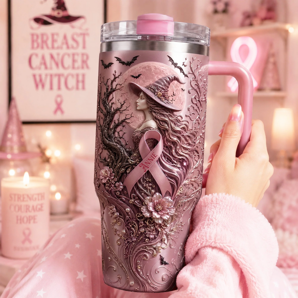 Pink Witches Ribbon Breast Cancer Awareness Tumbler - Personalized Tumbler