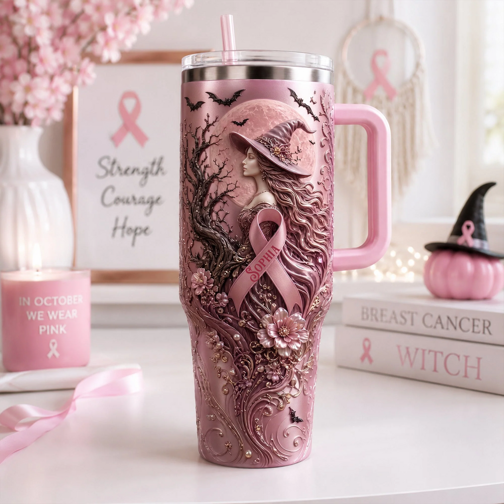Pink Witches Ribbon Breast Cancer Awareness Tumbler - Personalized Tumbler