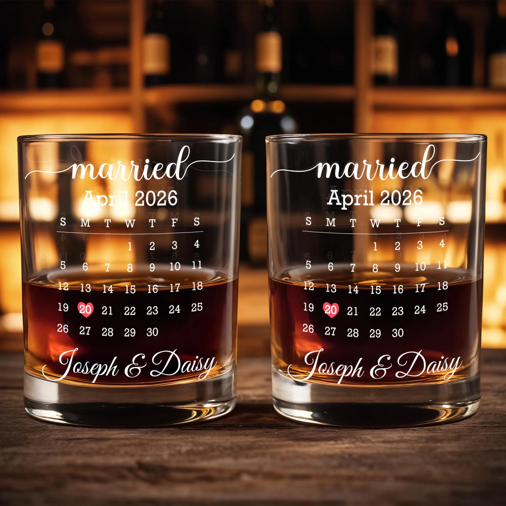 Personalized Married Date Whiskey Glass – Custom Couple Names Anniversary Gift