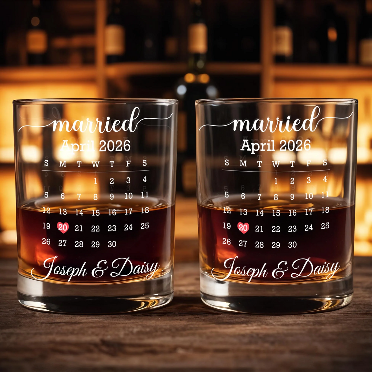 Personalized Married Date Whiskey Glass – Custom Couple Names Anniversary Gift