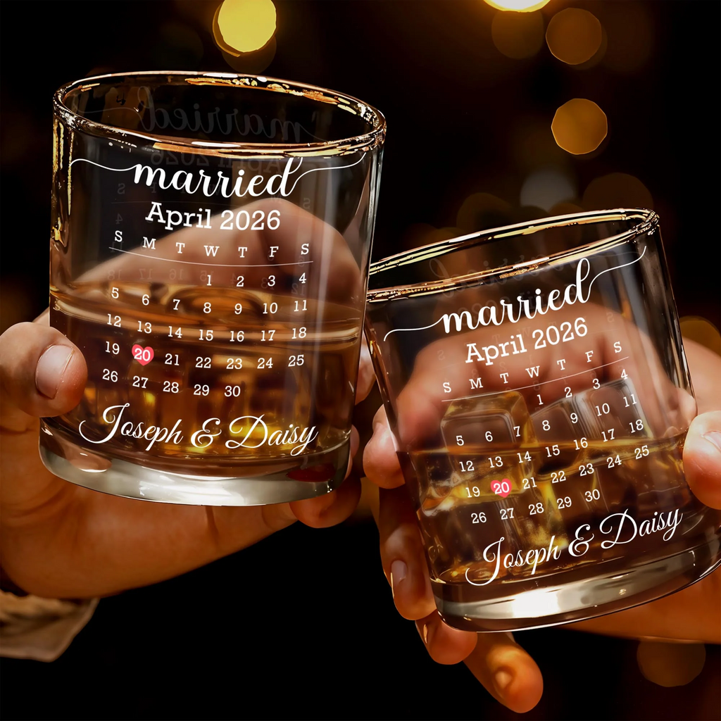 Personalized Married Date Whiskey Glass – Custom Couple Names Anniversary Gift