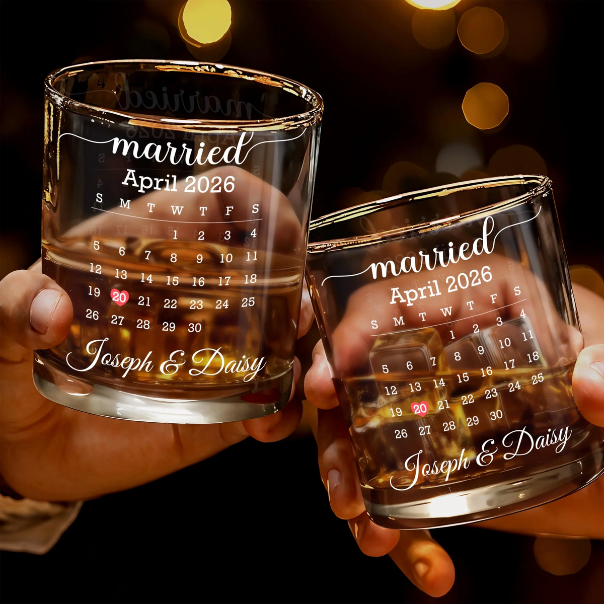 Personalized Married Date Whiskey Glass – Custom Couple Names Anniversary Gift