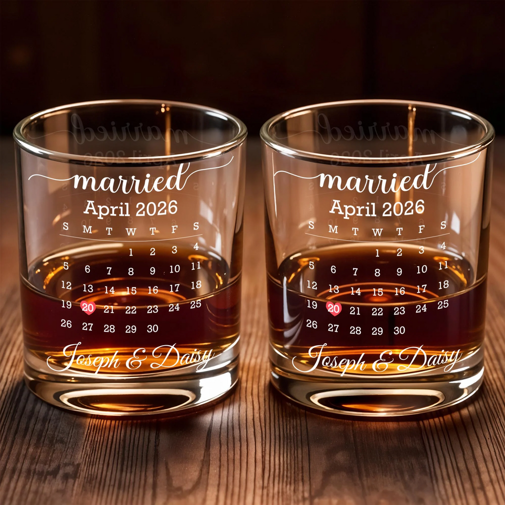 Personalized Married Date Whiskey Glass – Custom Couple Names Anniversary Gift