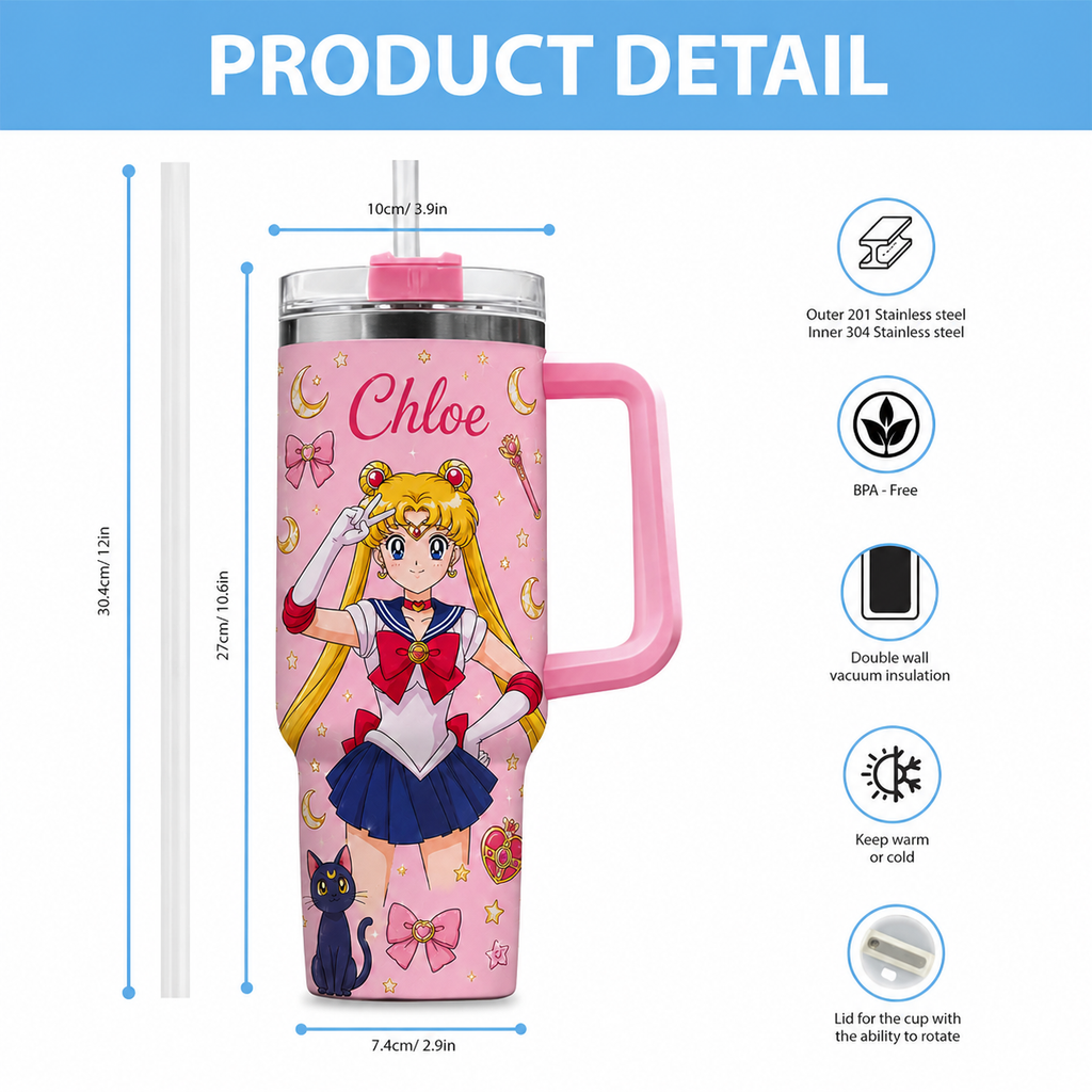 Personalized Moon Girl Tumbler - Personalized Magical Girl Anime Tumbler with Handle