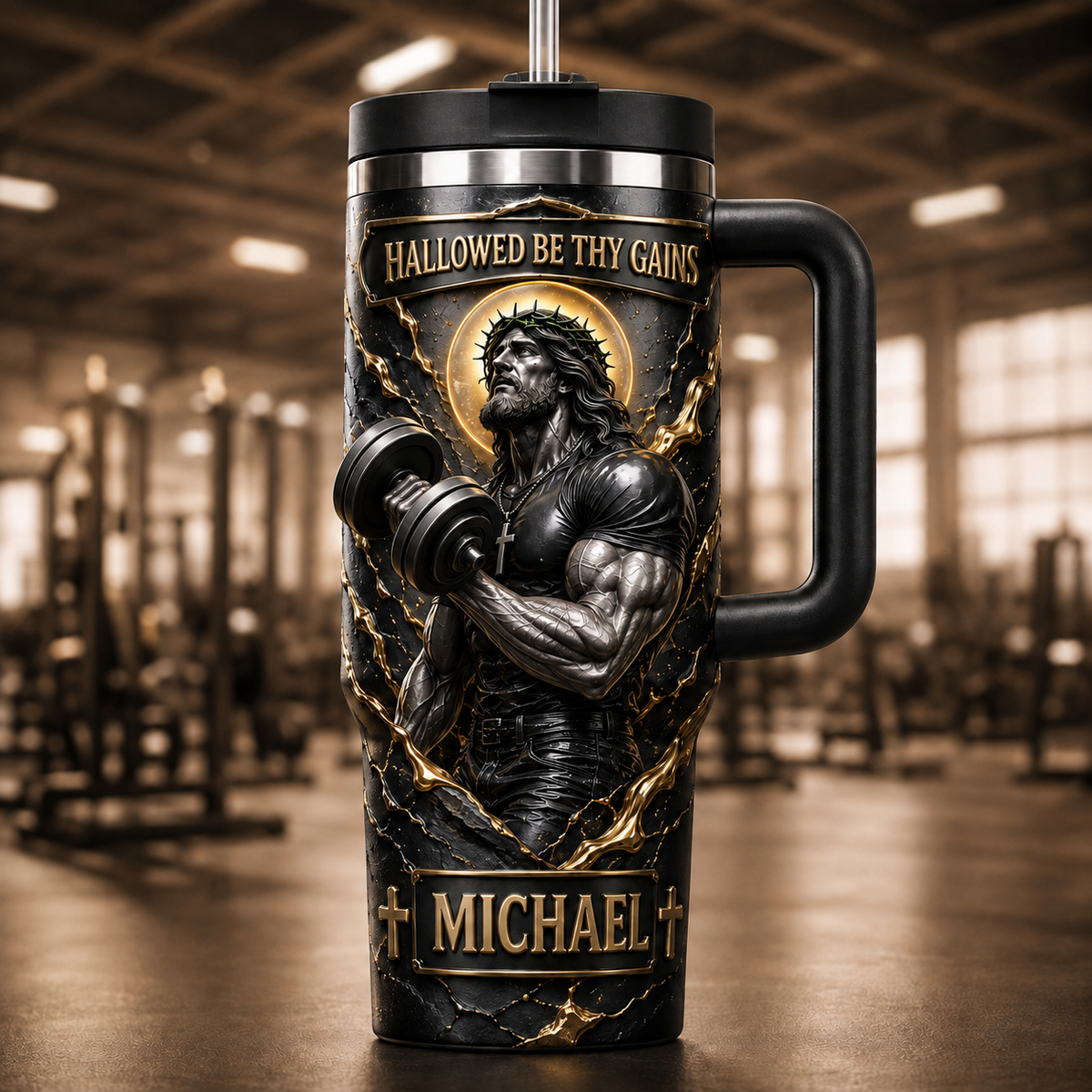 Hallowed Be Thy Gains Jesus Gym Tumbler With Handle - Personalized Christian Fitness Tumbler