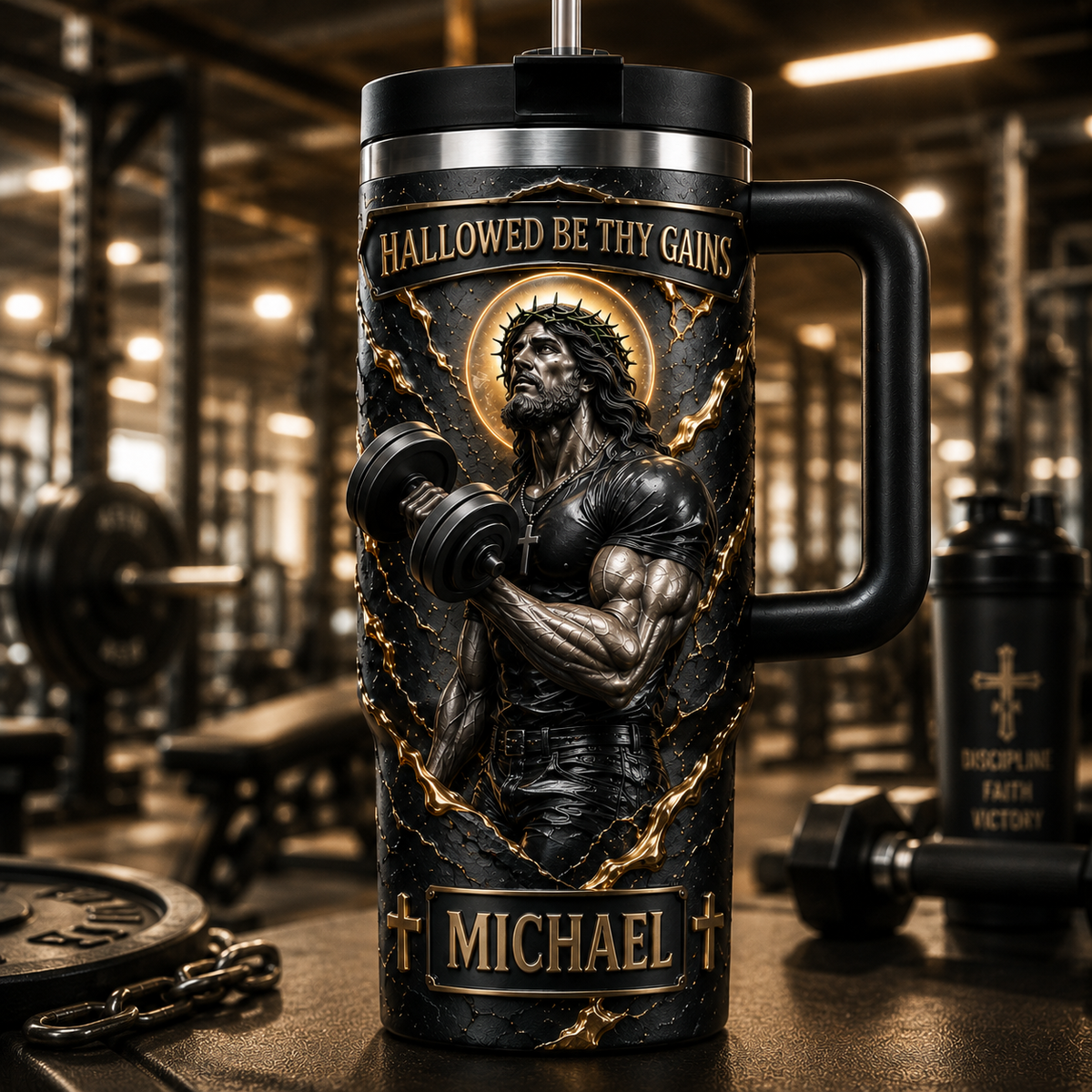 Hallowed Be Thy Gains Jesus Gym Tumbler With Handle - Personalized Christian Fitness Tumbler