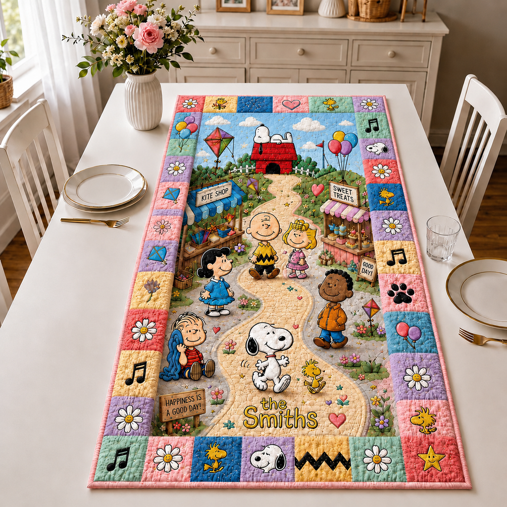 Personalized Happy Comic Friends Table Runner - Cozy Friendship Day Table Runner