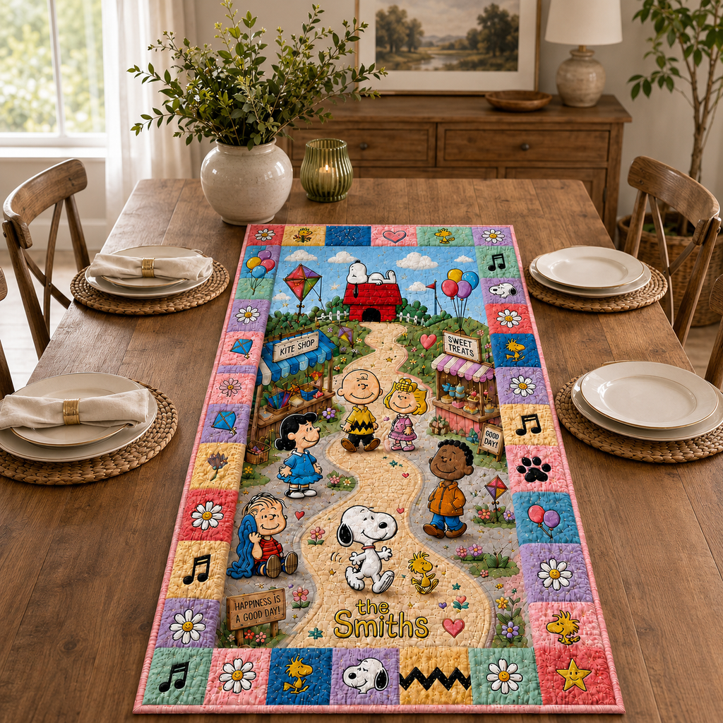 Personalized Happy Comic Friends Table Runner - Cozy Friendship Day Table Runner