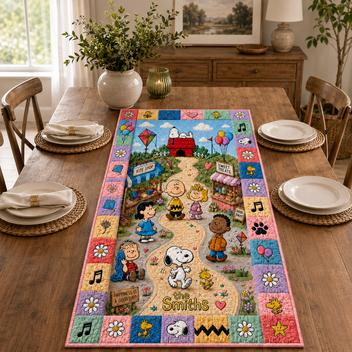 Personalized Happy Comic Friends Table Runner - Cozy Friendship Day Table Runner