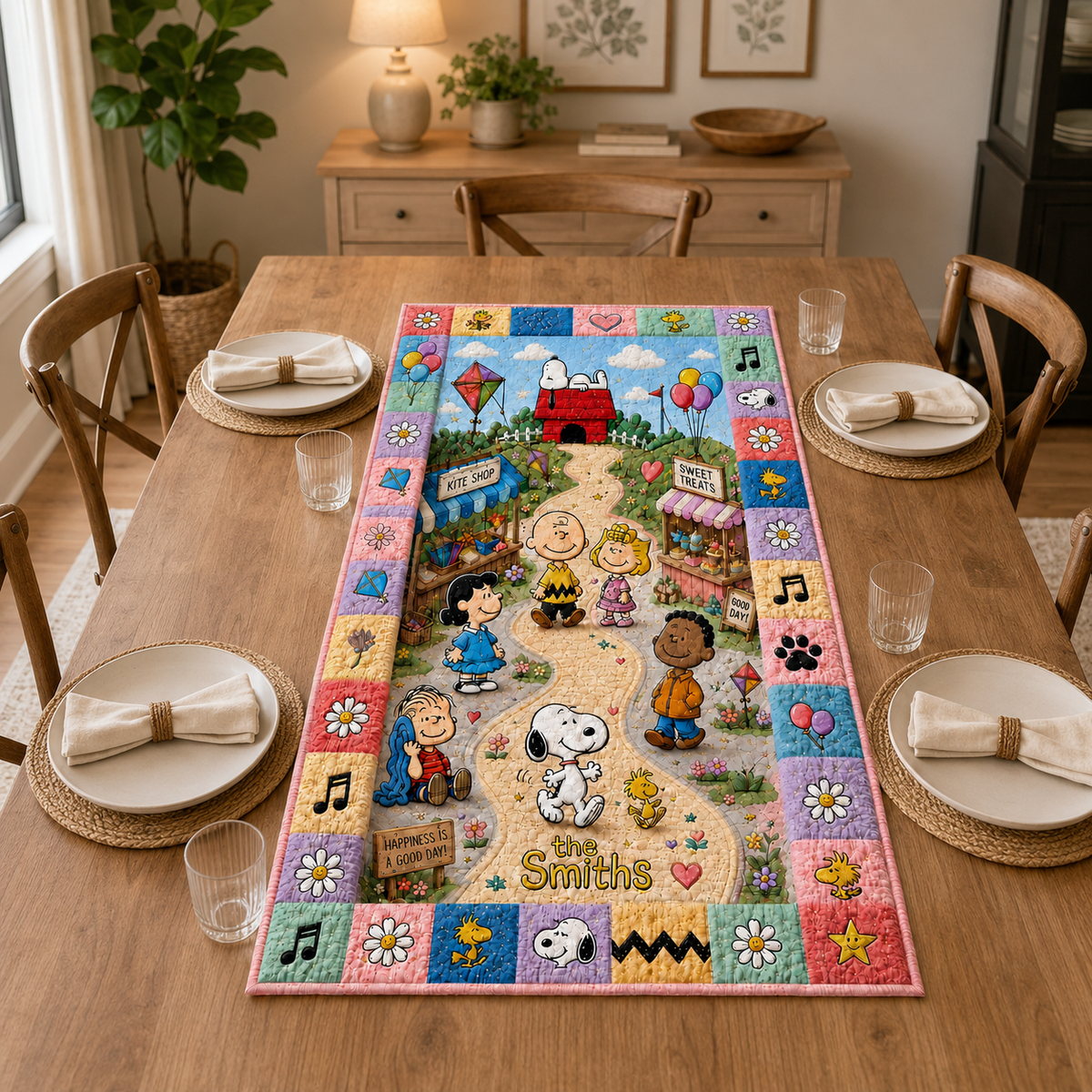 Personalized Happy Comic Friends Table Runner - Cozy Friendship Day Table Runner