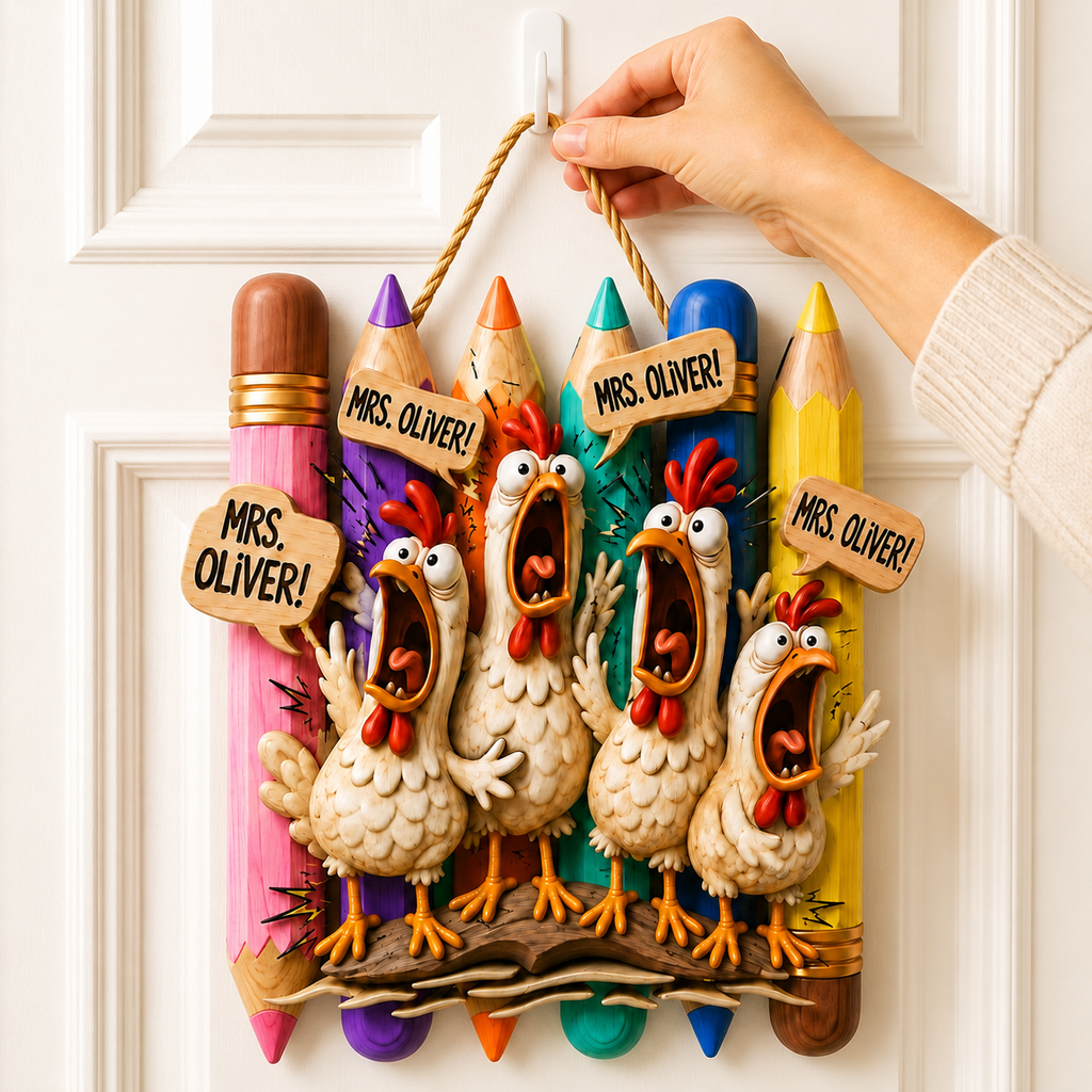 Personalized Funny Chicken Teacher Door Sign – Custom Name Wooden Classroom Decor