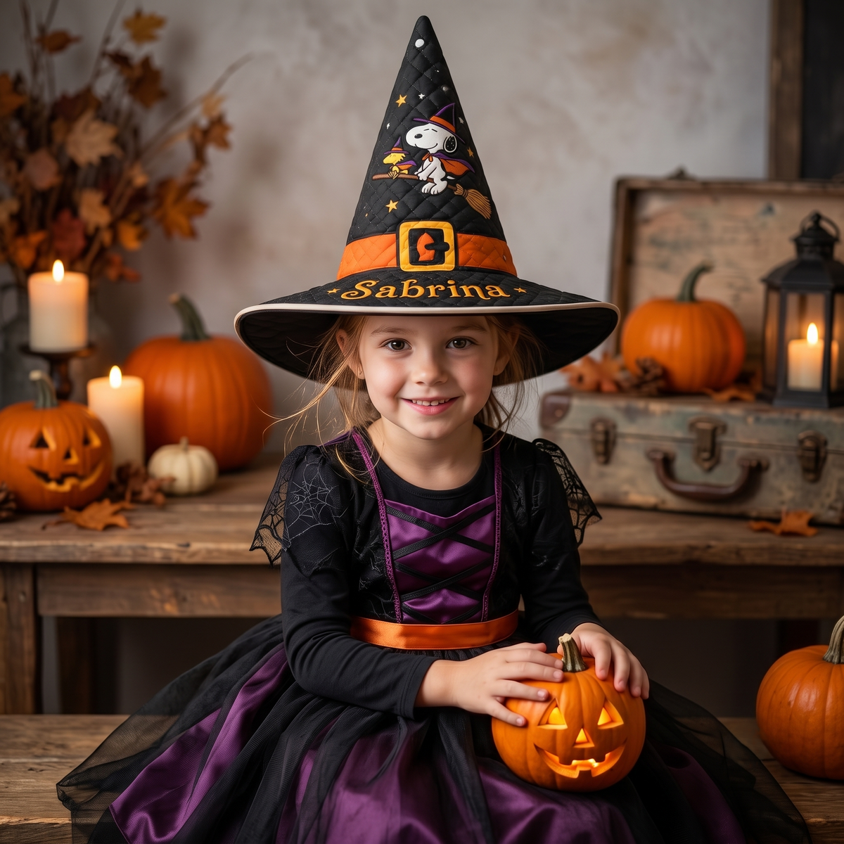 Spooky Beagle - Personalized Halloween Character Quilt Witch Hat