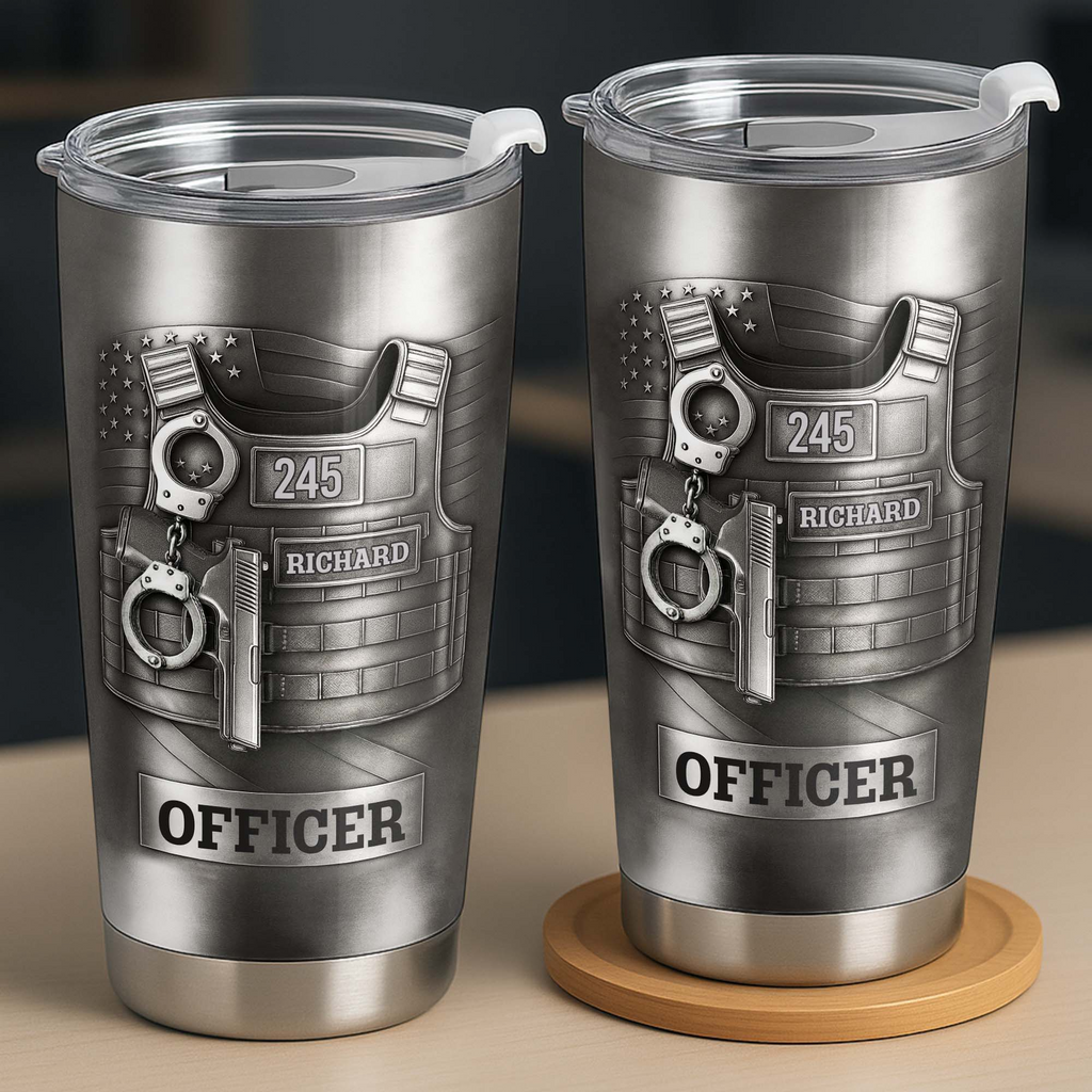 Beloved Officer Personalized Tumbler With Police Badge, Handcuffs, Pistol, Gift For Law Enforcement