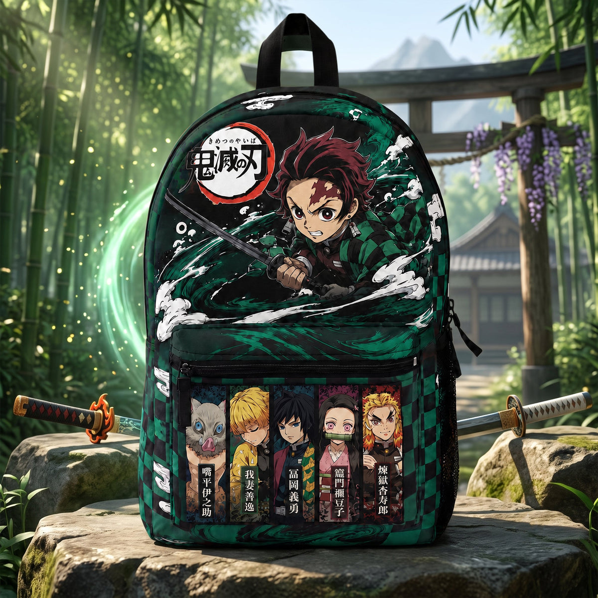 Anime Sword Fighter Backpack – Green Checkered School Bag, Manga Fan Gift