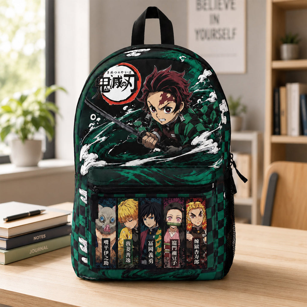 Anime Sword Fighter Backpack – Green Checkered School Bag, Manga Fan Gift