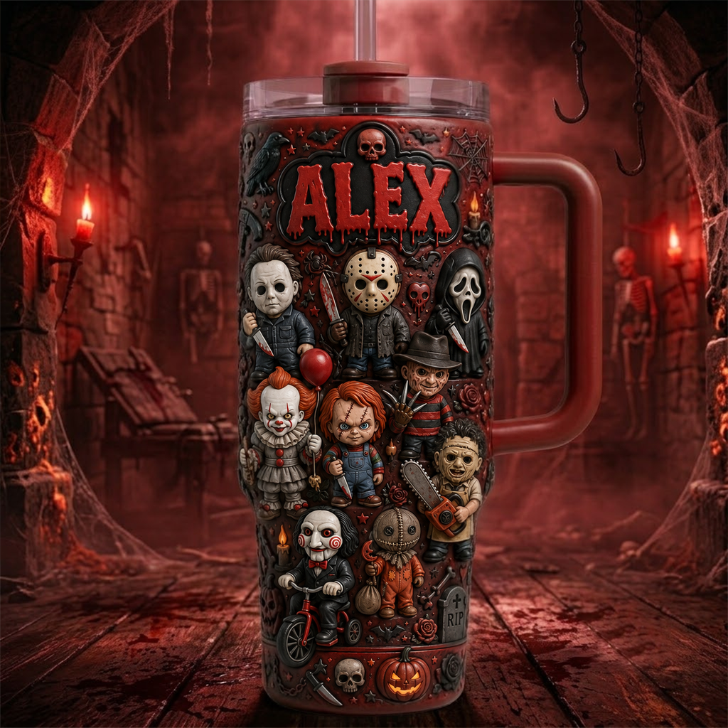 Halloween Horror Legends Tumbler With Handle - Personalized Gifts For Horror Fans