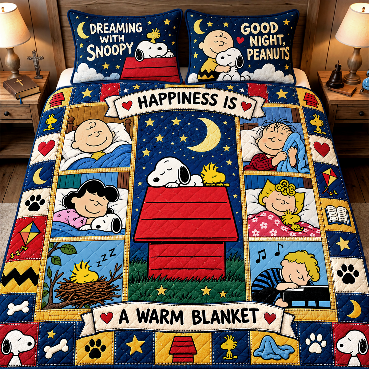 Cozy Cartoon Puppy & Friends Quilt Bedding Set – Festive Winter Friends Bedroom Decor