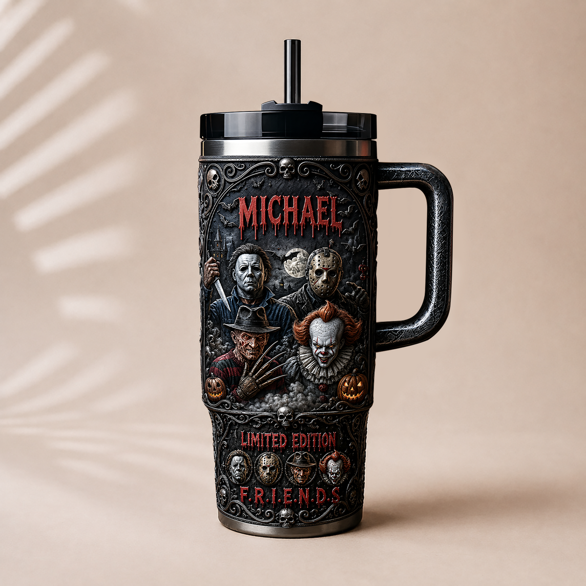 Halloween Horror Friends Tumbler With Handle - Personalized Gifts For Horror Fans
