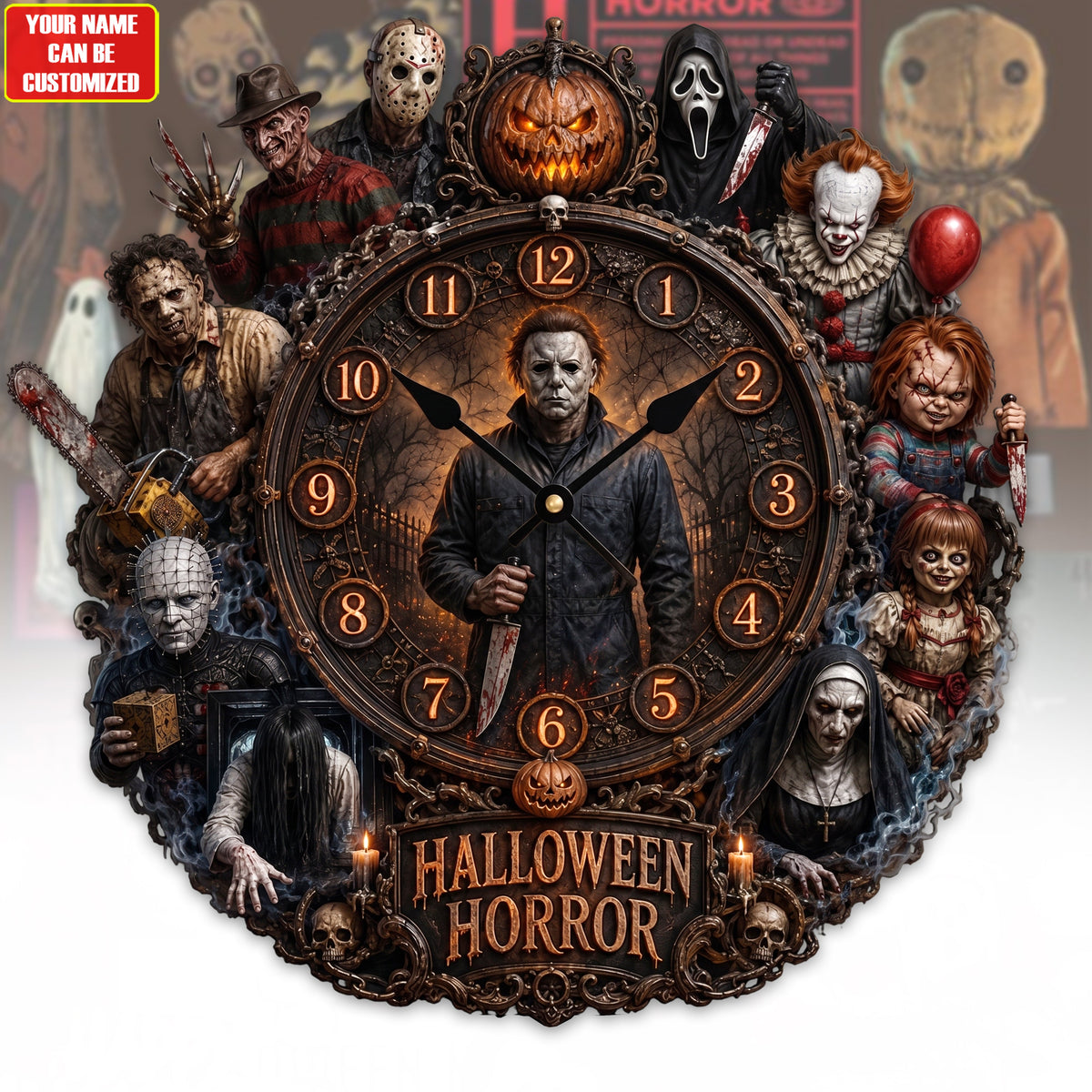 Halloween Horror Characters Acrylic Hanging Wall Clock - Personalized Gifts For Horror Lovers V3