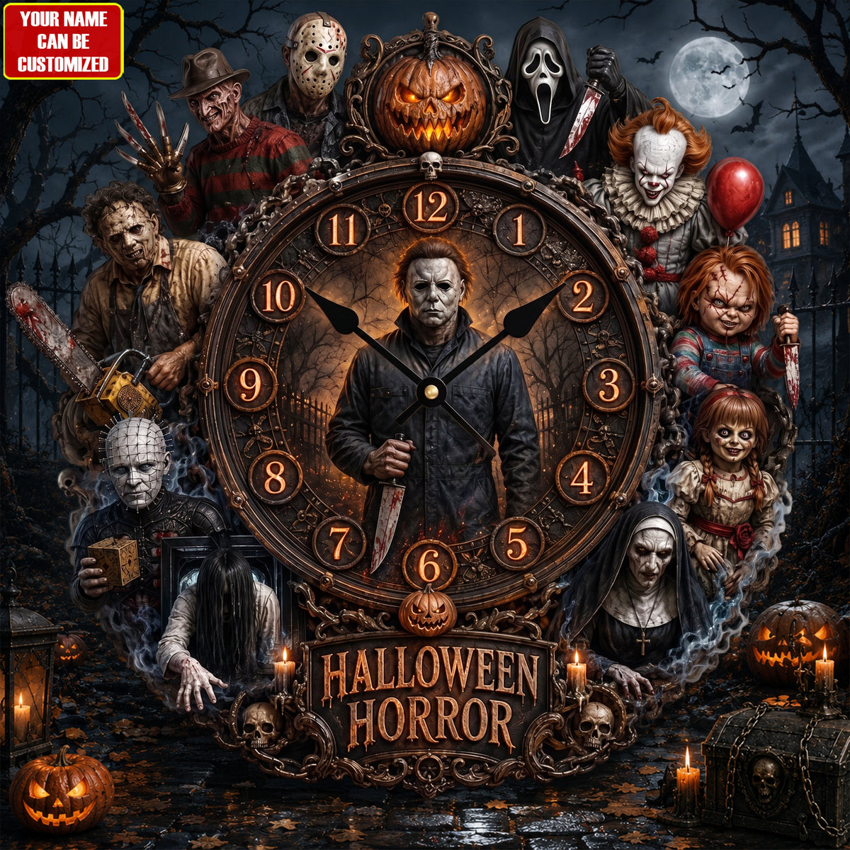 Halloween Horror Characters Acrylic Hanging Wall Clock - Personalized Gifts For Horror Lovers V3