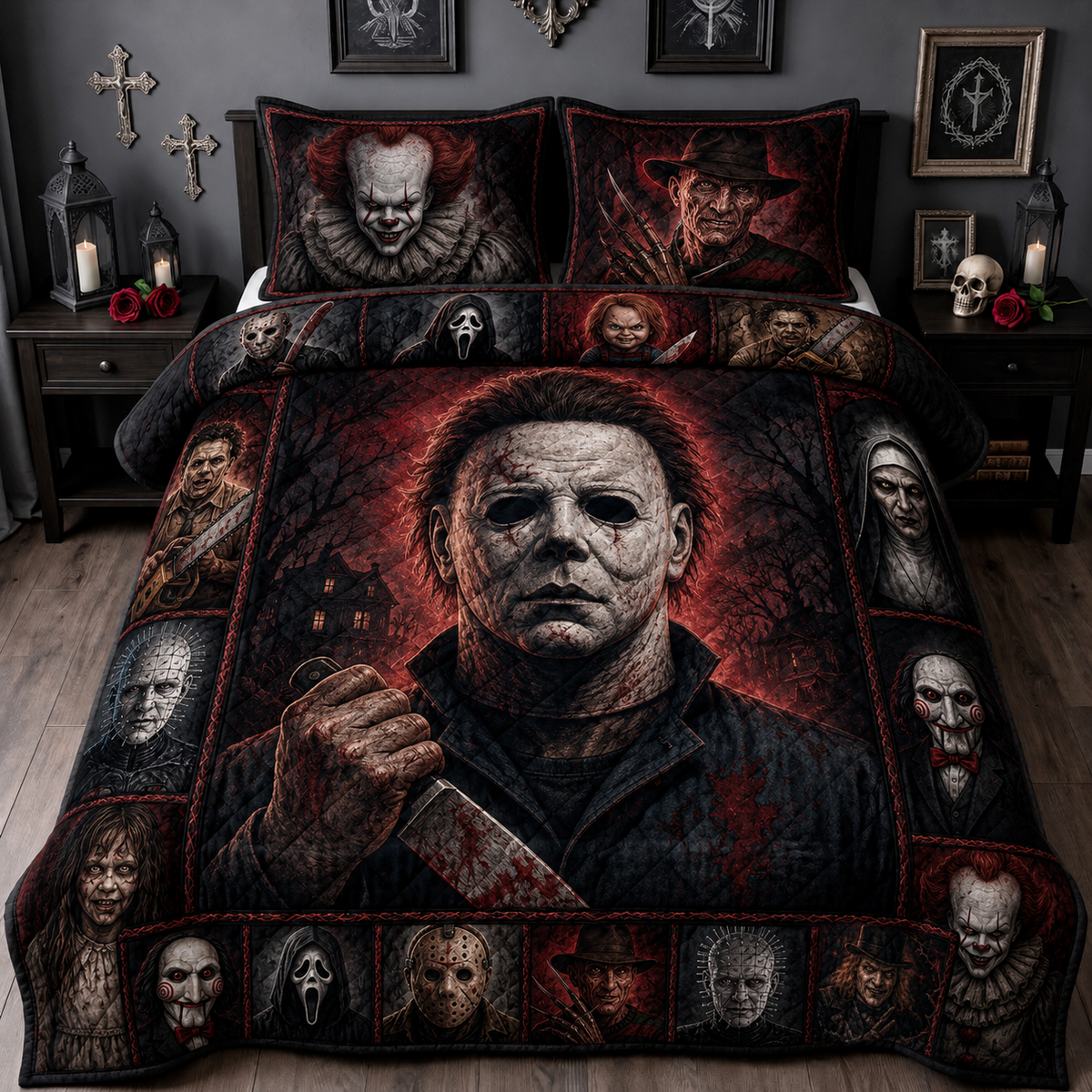 Halloween Horror Characters Quilt Set – Cozy Horror Bedding Gift