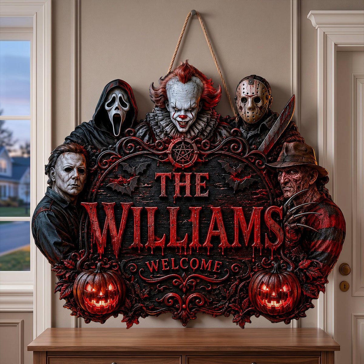 Personalized Halloween Horror Characters Welcome Sign- Custom Family Name Horror Decor
