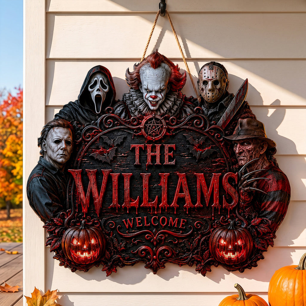 Personalized Halloween Horror Characters Welcome Sign- Custom Family Name Horror Decor